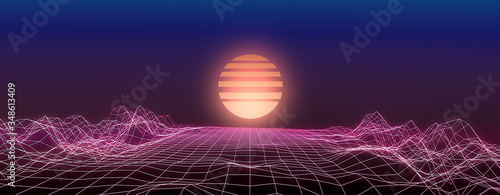 Retro music background. 3D Wireframe mountain terrain on black background. Low Poly Geometric Mountain Landscape. 3d Cyberspace Grid. 80-s style digital wireframe landscape.