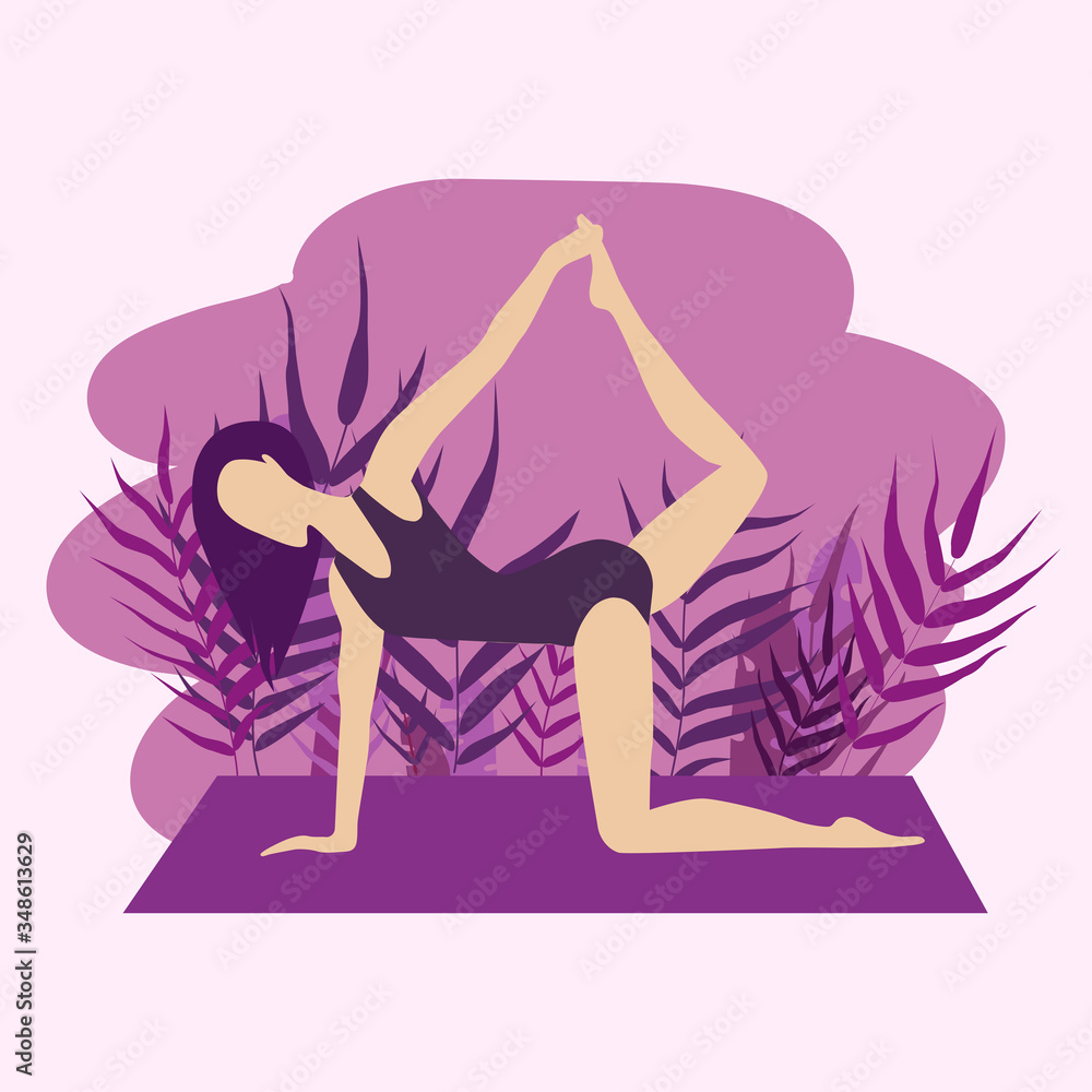 Flat illustration of young girl doing sports, yoga. Vector flat illustration isolated on pink background.A young woman practices yoga. Woman doing yoga exercises, yoga poses. Suitable for banner