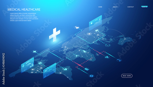 Abstract Online health & Medical Services concept Linking health information around the world To research and find ways to develop health innovations In the treatment of diseases, drugs, vaccines.