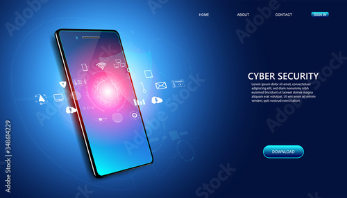 Abstract cyber security with phone and icons concept Cyber protection application By program developers to protect data on various electronic devices