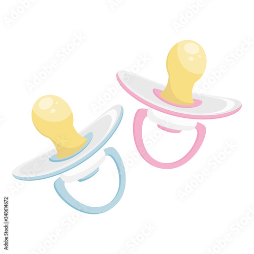 Nursery baby pink and blue pacifiers set. Vector illustration.