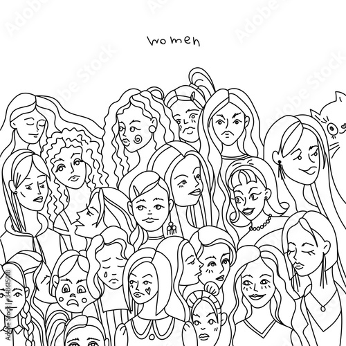 Background with women's faces. Doodle art. 