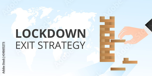 Vector flat illustration of lockdown exit strategy concept. Hand playing wood wooden blocks board game. Quarantine, lifting lockdown plan. Vector flat style illustration. Coronavirus, Covid, economy