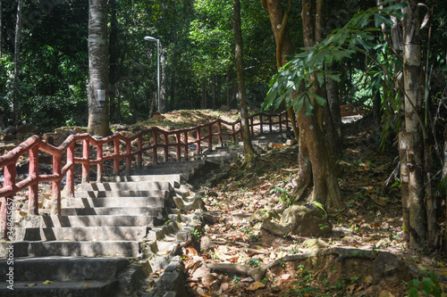 Stairs to the top of Seven Wells Waterfall - Telaga Tujuh, Langkawi Island. Vacation and holidays on Andaman Sea, Malaysia