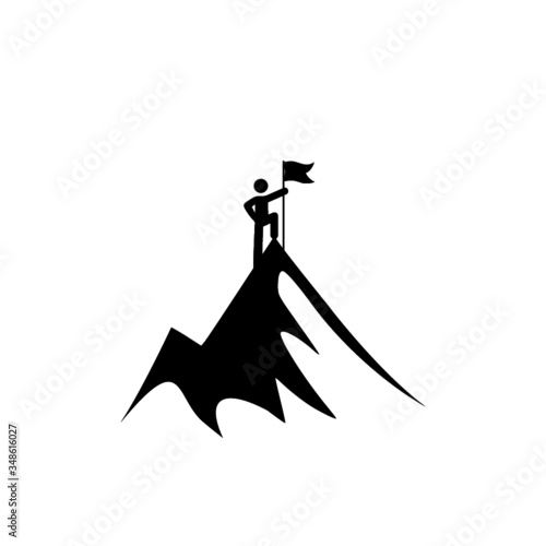 Man on top of mountain with flag solid icon isolated on white background