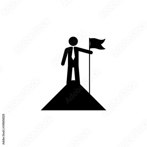 Man on top of mountain with flag solid icon isolated on white background
