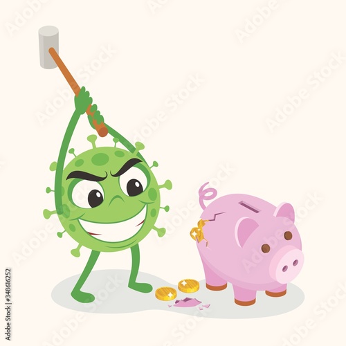 Covid-19 coronavirus breaking a piggy bank with a hammer. Economic impact by covid-19. Broken piggy bank by coronavirus concept. Economic crisis created by covid 19 coronavirus.