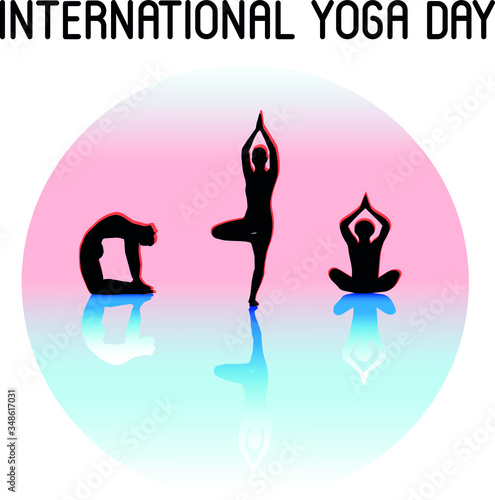 International yoga day - 21 june. Icon, poster, logo, yoga body posture, human silhouette and sunset, vector illustration
