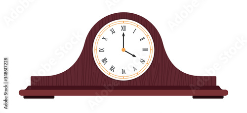 Brown wooden old clock with roman numerals vector illustration.
