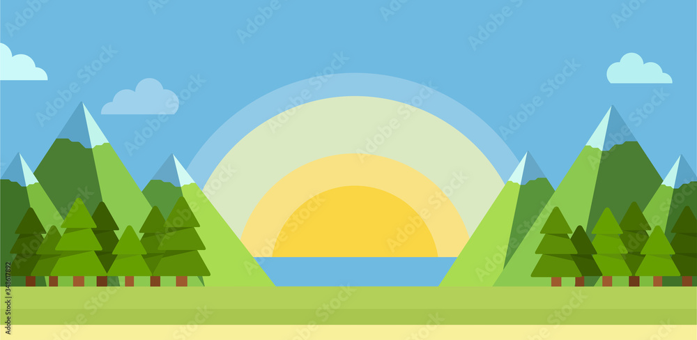 Flat summer landscape vector illustration. Morning in the mountains.
