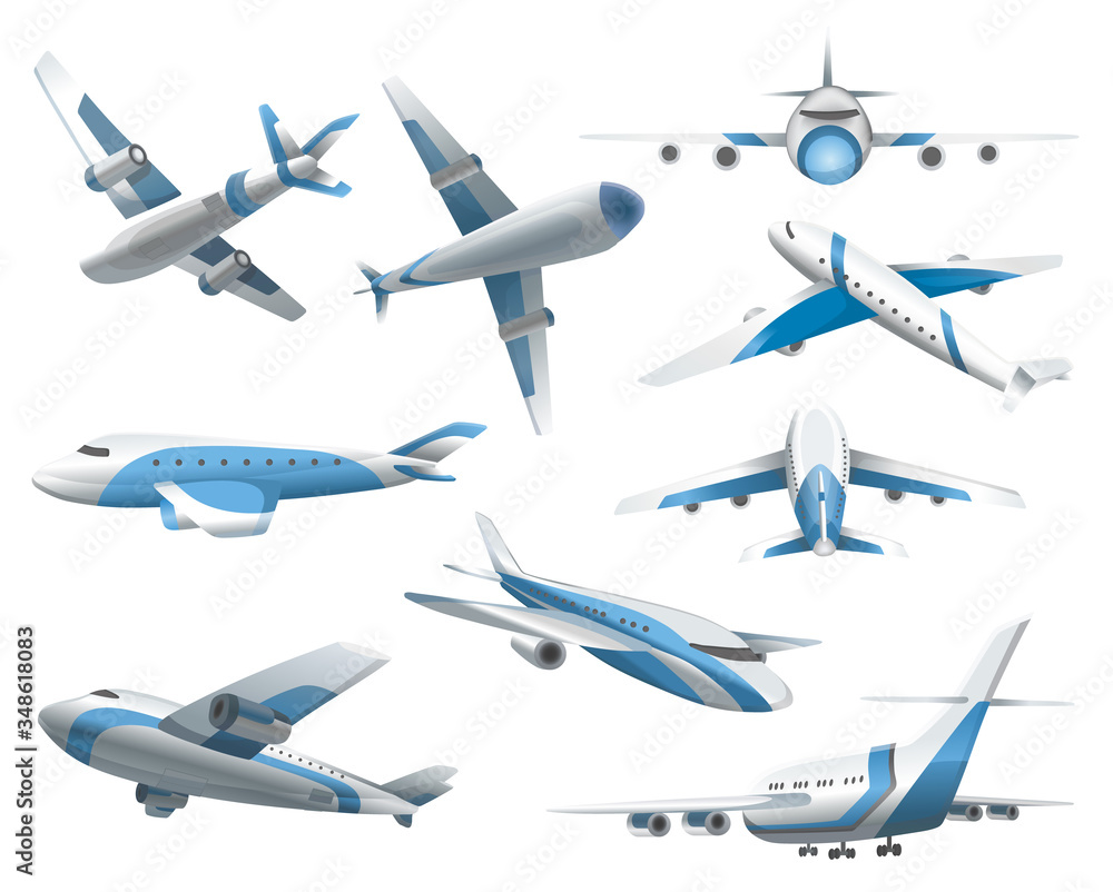 Airplanes on white background. Airliner in top, side, front view and isometric. Vector realistic aircraft. Passenger plane, sky flying aeroplane and airplane in different views