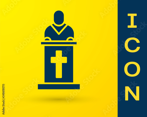 Blue Church pastor preaching icon isolated on yellow background. Vector