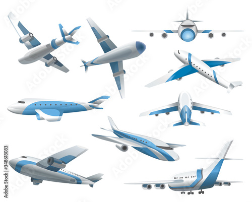 Airplanes on white background. Airliner in top, side, front view and isometric. Vector realistic aircraft. Passenger plane, sky flying aeroplane and airplane in different views