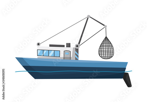Fishing boat side view. Commercial fishing trawler for industrial seafood production. Marine ship, sea or ocean transportation. Vector illustration