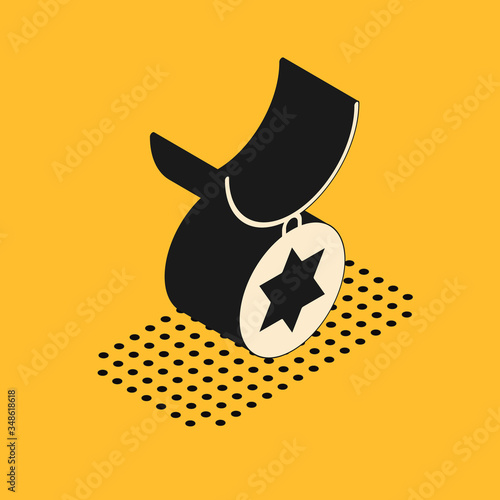 Isometric Star of David necklace on chain icon isolated on yellow background. Jewish religion. Symbol of Israel. Jewellery and accessory. Vector