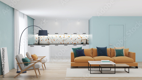 Modern bedroom interior with blue walls and a yellow sofa. Neo Memphis style interior. 3D rendering.