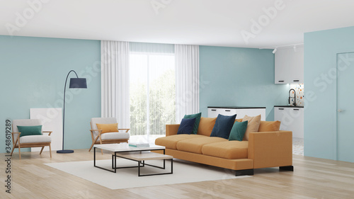 Modern bedroom interior with blue walls and a yellow sofa. Neo Memphis style interior. 3D rendering.