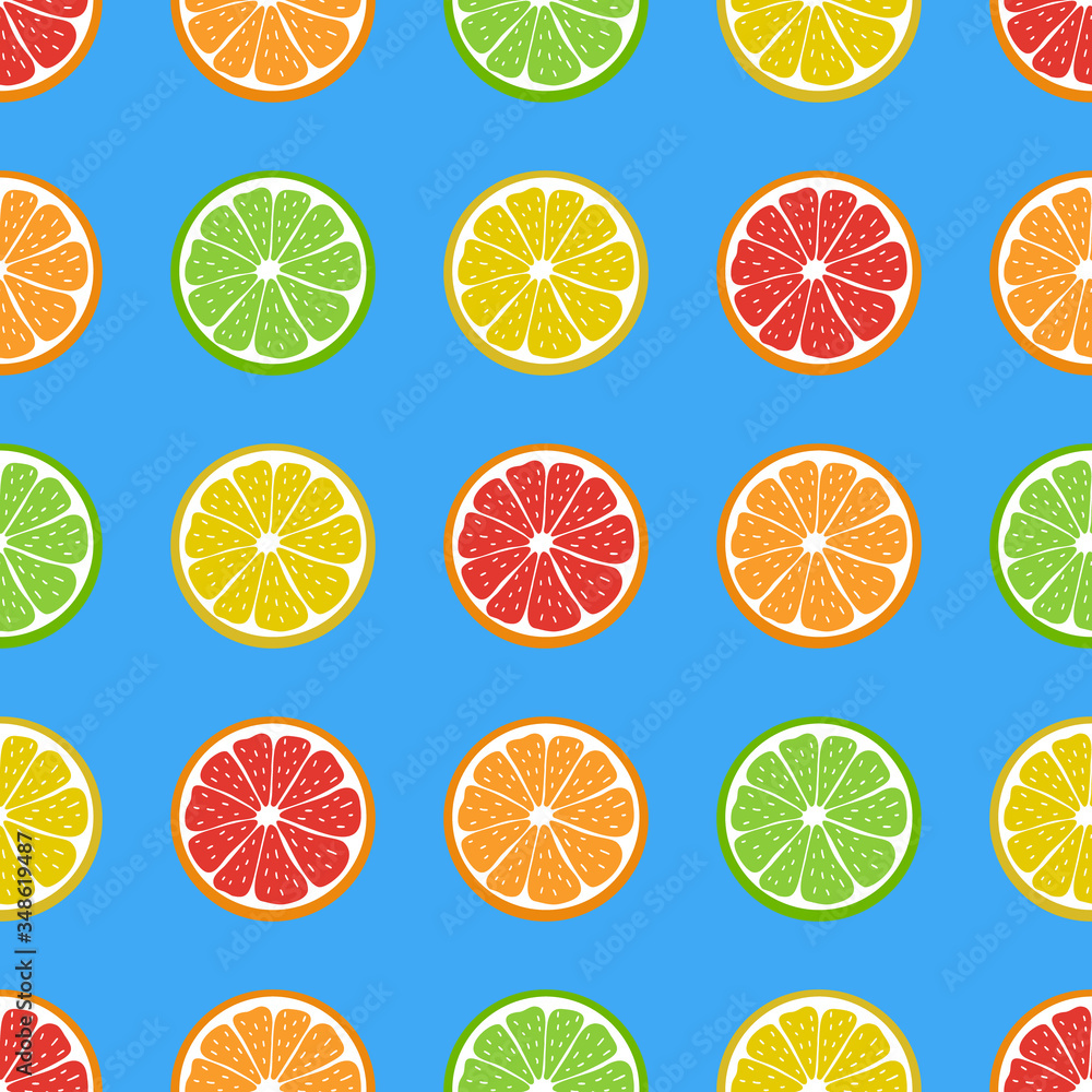 Fototapeta premium Pattern seamless of juicy citrus fruit. Lemon, orange, grapefruit, lime. Colorful elements on blue background. Creative idea for modern designs, banners, textiles, menus, prints, packings, wallpapers.