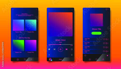 Social media network inspired by Spotify. Music player interface by subscription. Profile, Album, Song, Playlist mockup. Black apple music screen. Vector illustration.