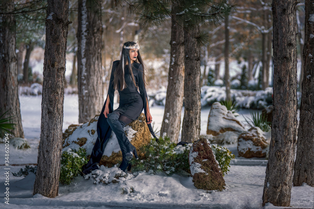 Fashion shoot among the pines on a snowy winter day