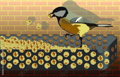 Vector drawing of a little tit eating popcorn from a feeding trough. Possibility of use for clothes design elements, backgrounds, stretch marks of bags and other decor elements