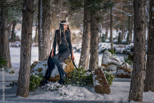 Bilde på lerret Fashion shoot among the pines on a snowy winter day
