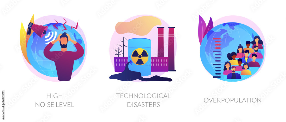 Environmental problems caused by human factor, negative impact on nature. High noise level, technological disasters, overpopulation metaphors. Vector isolated concept metaphor illustrations.