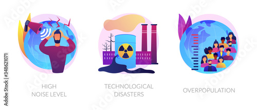 Environmental problems caused by human factor, negative impact on nature. High noise level, technological disasters, overpopulation metaphors. Vector isolated concept metaphor illustrations.