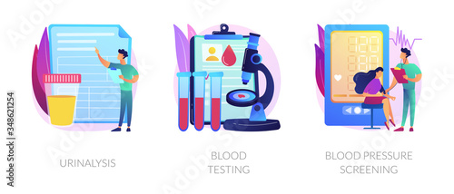 Clinical laboratory analysis icons cartoon set. Health examination. Biological markers. Urinalysis, blood testing, blood pressure screening metaphors. Vector isolated concept metaphor illustrations.