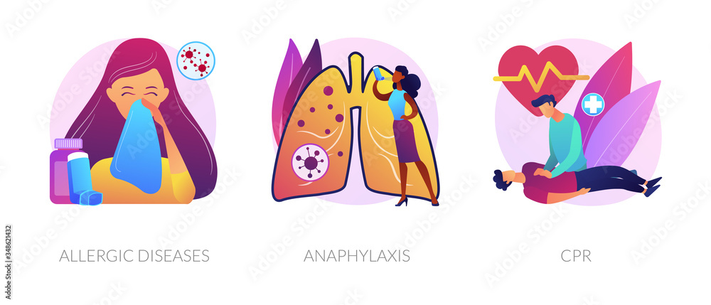 Allergic reactions first aid abstract concept vector illustration set. Allergic diseases, anaphylaxis, CPR emergency help. Skin and blood testing, diagnosis complications medication abstract metaphor. Allergic reactions first aid abstract concept vector illustration set. Allergic diseases, anaphylaxis, CPR emergency help. Skin and blood testing, diagnosis complications medication abstract metaphor.
