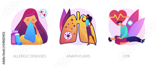 Allergic reactions first aid abstract concept vector illustration set. Allergic diseases, anaphylaxis, CPR emergency help. Skin and blood testing, diagnosis complications medication abstract metaphor.