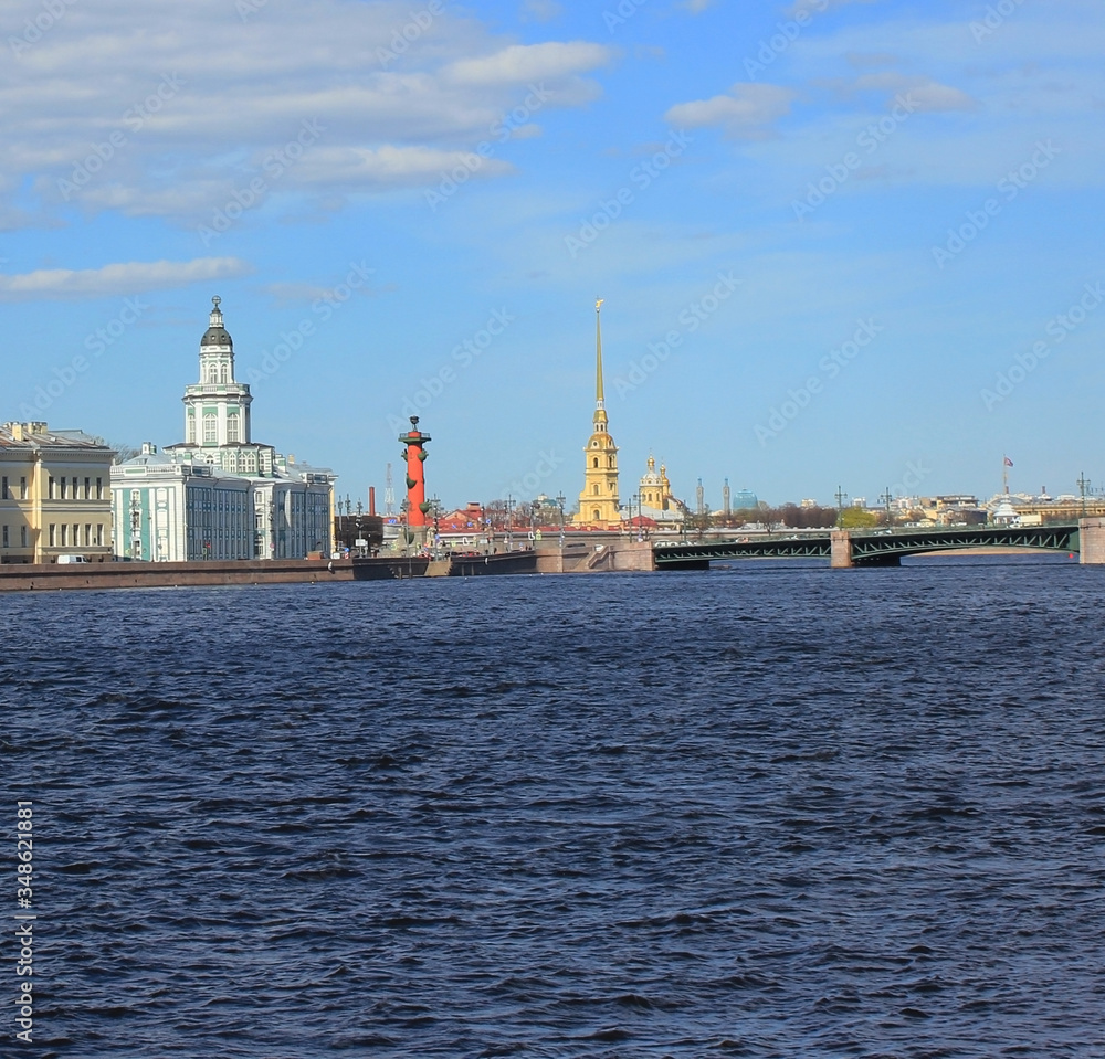 Saint Petersburg cityscape with Kunstkamera museum, Rostral column, Peter and Paul Fortress and Palace bridge on Neva river in Russia