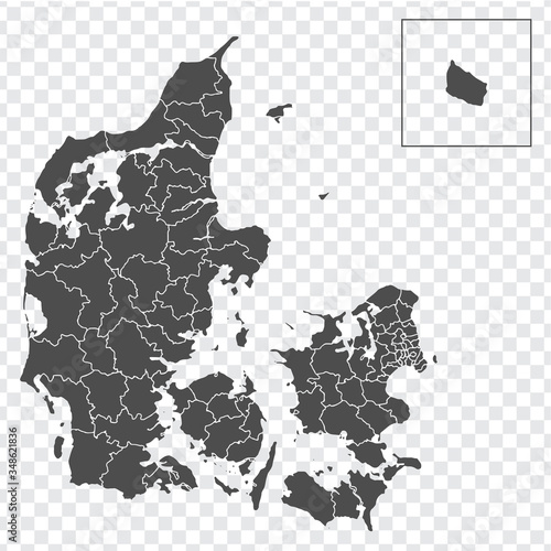 Blank map of Denmark in gray. Map of administrative divisions of Denmark. High detailed vector map Kingdom of Denmark on transparent background for your web site design, logo, app, UI. EPS10. 