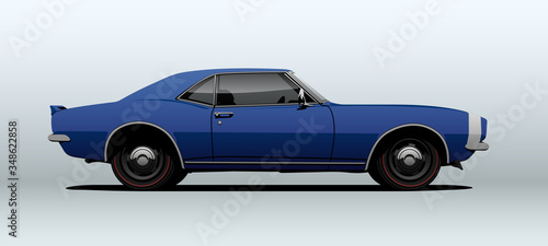 Blue muscle car  view from side  in vector.