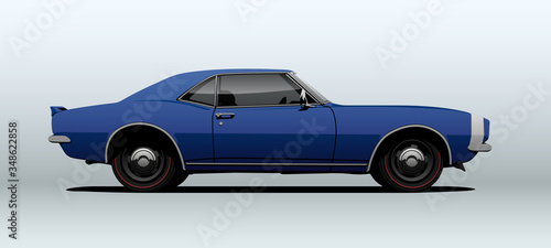 Blue muscle car, view from side, in vector.
