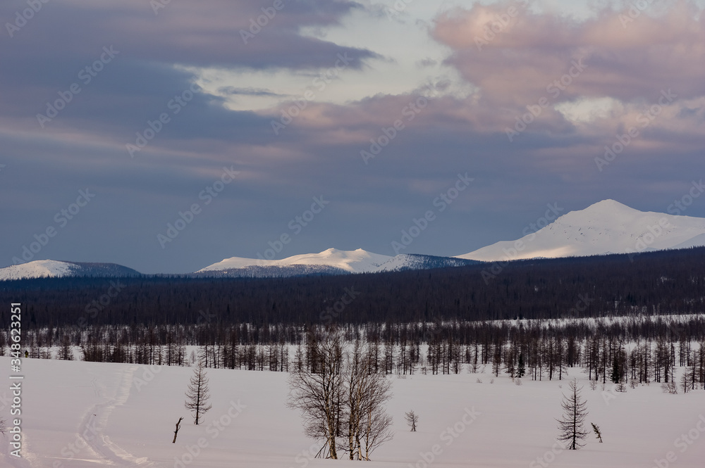 Winter hike in the Ural mountains. The beauty of the mountains.
