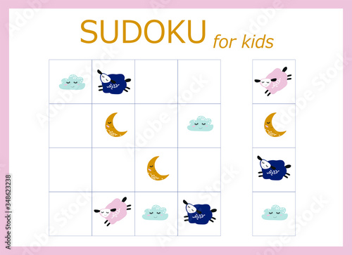 Sudoku for kids. Children's puzzles. Educational game for children. cartoon sheep, stars and moon