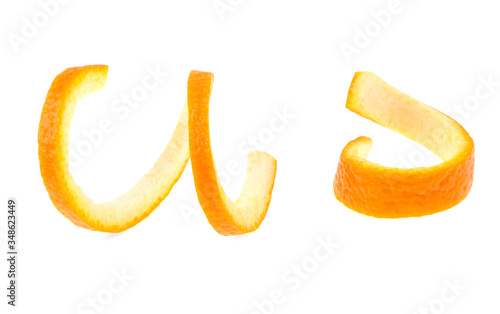 orange zest, spiral on a white background, isolated.