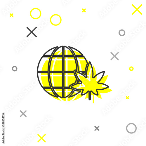 Grey line Legalize marijuana or cannabis globe symbol icon isolated on white background. Hemp symbol. Vector