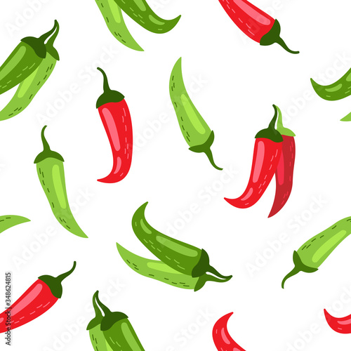 Hand drawn seamless vector pattern of peppers. Vegetarian food background. Cartoon style. Spicy food.