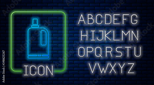 Glowing neon Fabric softener icon isolated on brick wall background. Liquid laundry detergent, conditioner, cleaning agent, bleach. Neon light alphabet. Vector