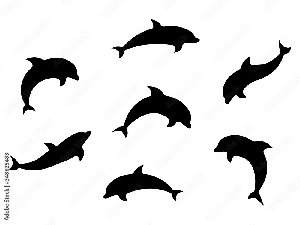 Fototapeta Dolphin set black silhouettes vector illustration isolated on white.