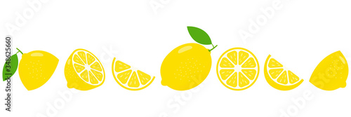 Lemon fresh slices set. Cut lemons fruit slice for lemonade juice or vitamin c logo. Citrus icons vector illustration isolated on white background.