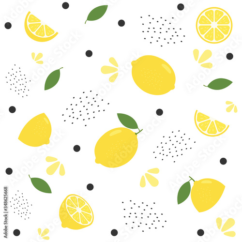 Fresh lemon background. Pattern citrus with slices vector illustration isolated on white. 