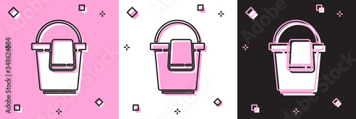 Set Bucket with rag icon isolated on pink and white, black background. Cleaning service concept. Vector