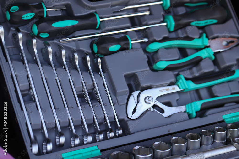 Fototapeta premium there are tools in the drawer, neatly arranged in their proper places, neat new tools for the machine