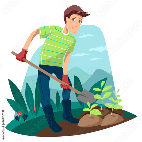 Gardening. Man plants seedlings. Vector illustration