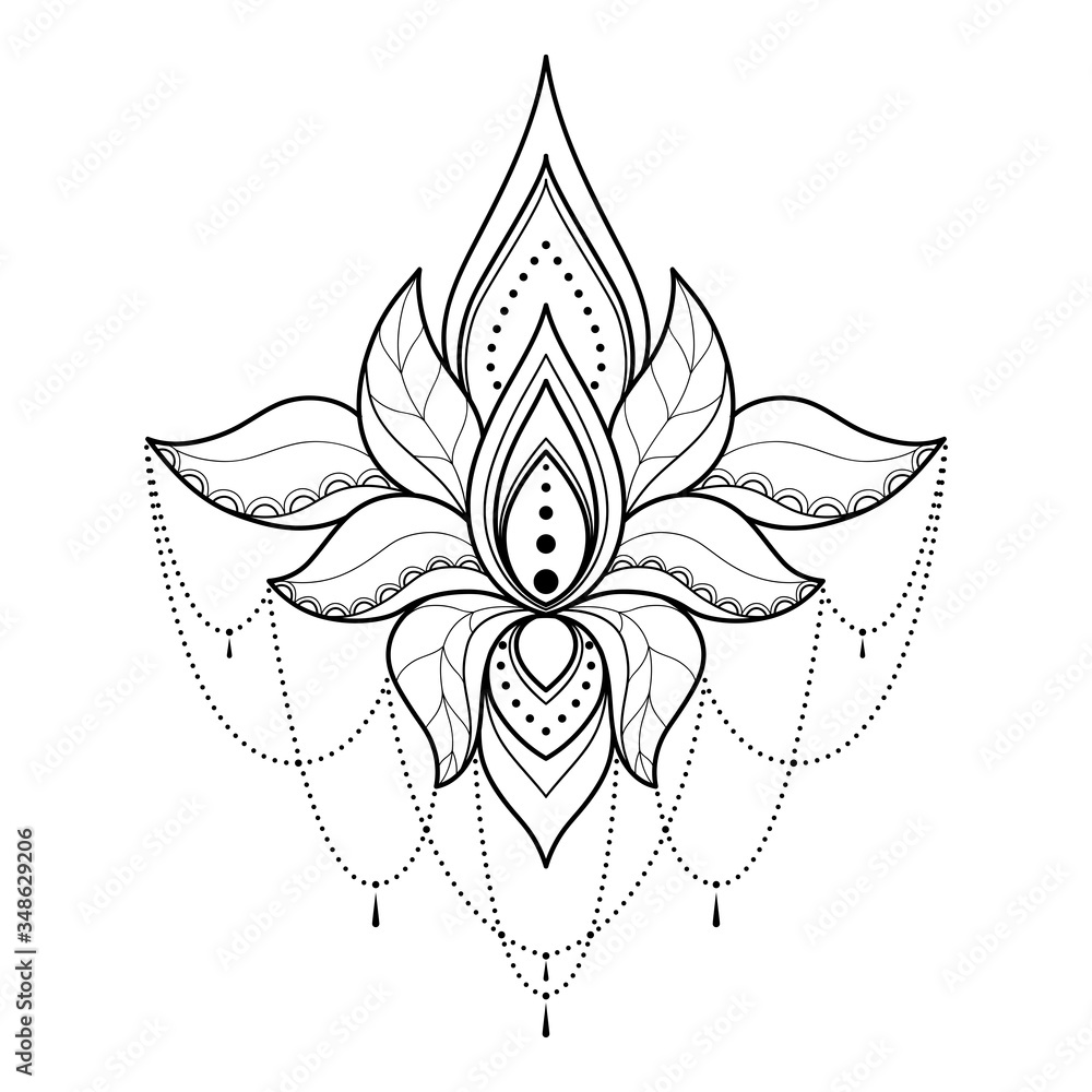 Naklejka Ethnic lotus mandala for greeting card, invitation, Henna drawing and tattoo template. Lotus tattoo. Vector illustration