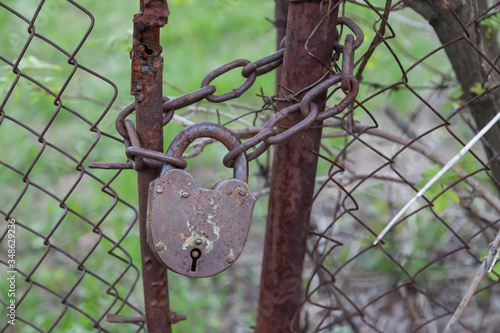 Large closed iron lock of brown color with rust and peeling paint on a thick chain connecting the gates of a metal fence against a background of green grass. Abandoned territory covered in mystery.