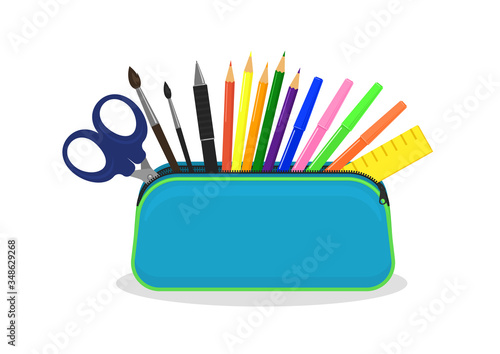 Open pencil case with zipper full of stationery on white background. Vector illustration.